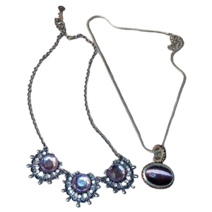 Bundle lot 2 silver tone chain necklaces bejeweled fashion costume dress up.